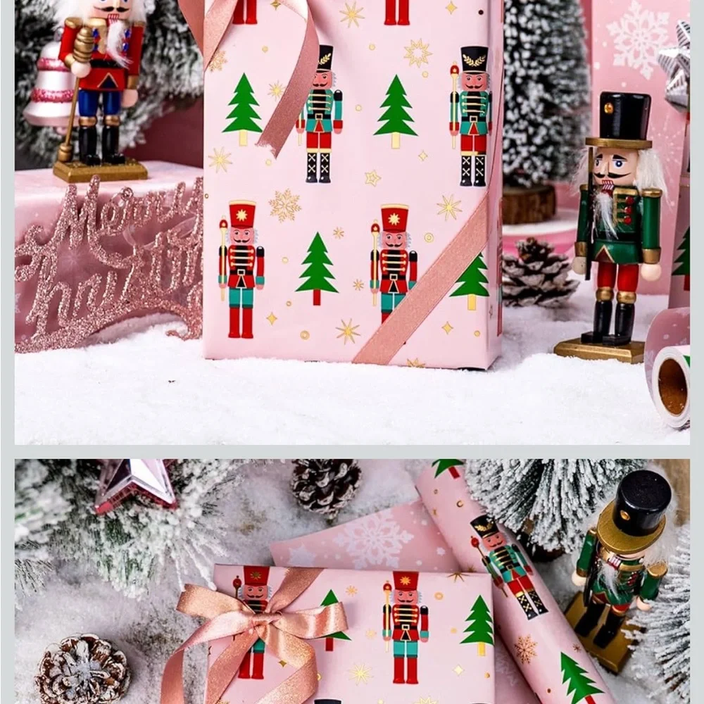Festive Pink Christmas Holiday Wrapping Paper Two Rolls - nutcracker and gnomes
